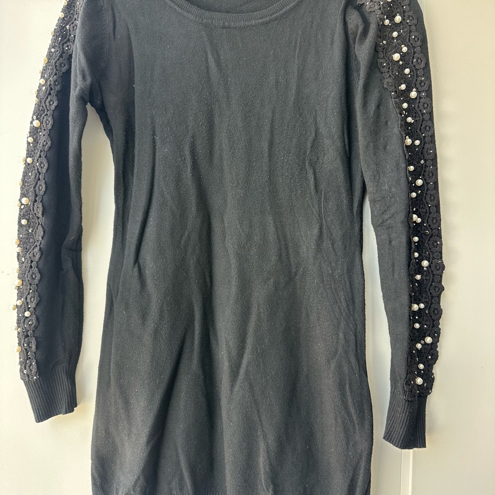 Black Knit Sweater Dress with Pearl & Lace Sleeves